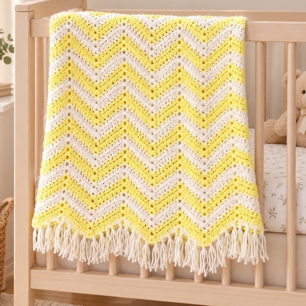 Vintage Handmade Crochet Baby Blanket Yellow Cream Chevron Ripple Afghan 34in